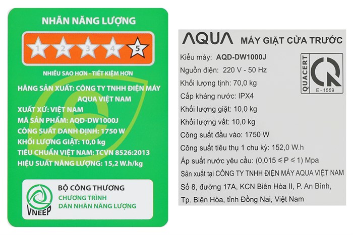 Máy giặt Aqua Lồng ngang Inverter 10 kg AQD-DW1000J.BK